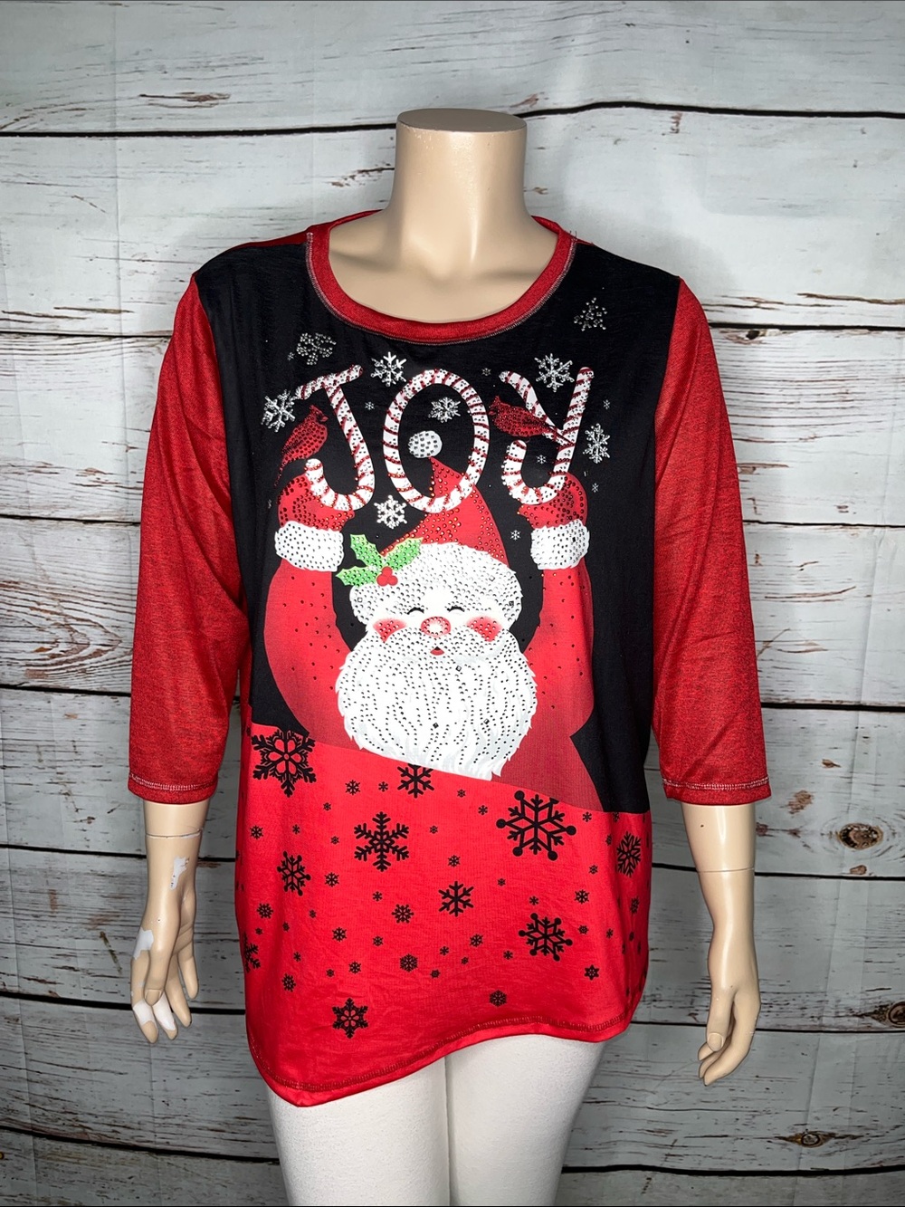 Onque Casual NWT Size 2X Red & Black Santa Joy Christmas Embellished Blouse Top